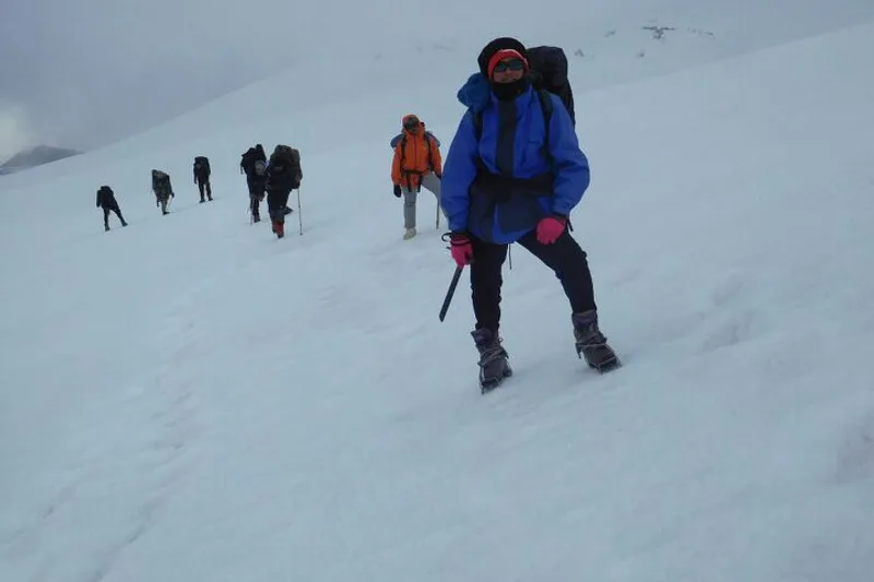 Trekkers with crampons climbing the snow slopes towards Milam Glacier
